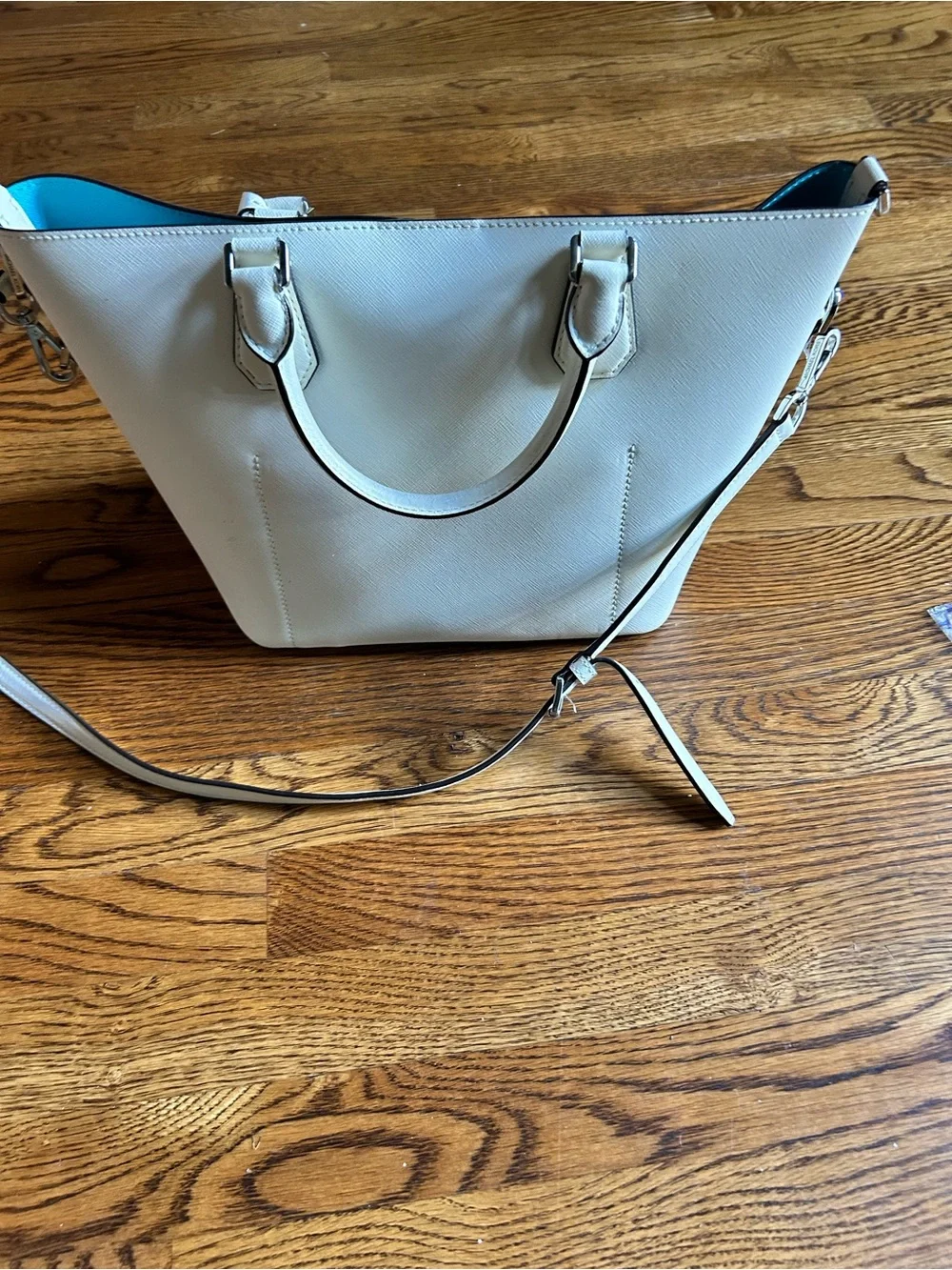 Michael Kors White Saffiano Leather Tote with Blue Interior Trim